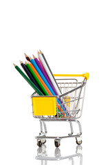 color pencils in shopping cart.