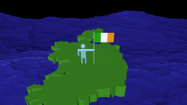 Man with flag on Ireland map in ocean animation