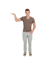 Happy guy showing the height of something with his hand