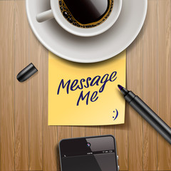 Stick note with coffee cup, pen and tablet, vector Eps10 image.