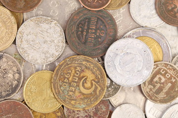 Background of old coins. Close up.
