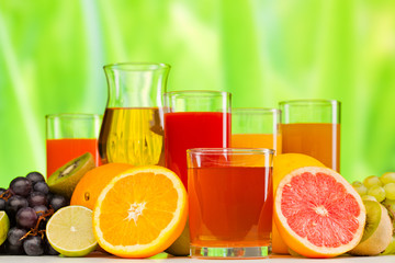 glasses of juice, fruits