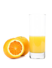 Half of juice glass and orange fruit isolated