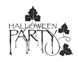 inscription Halloween party and a branch with leaves of pumpkin