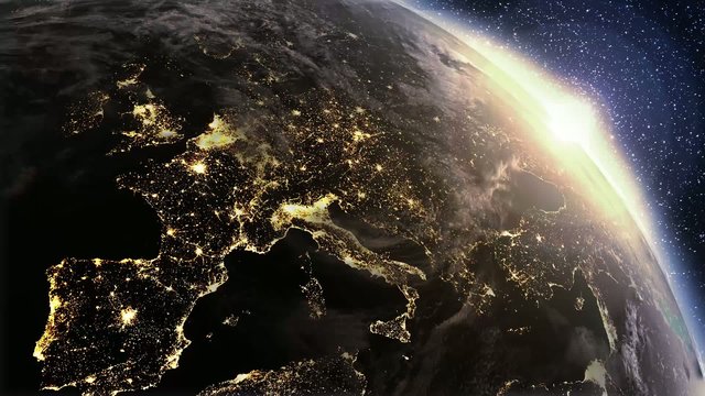 Fly over city lights from Space till morning.