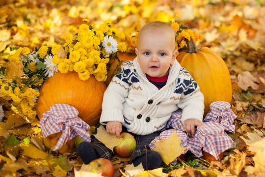Child in knitted sweater sits among pumpkins in autumn park