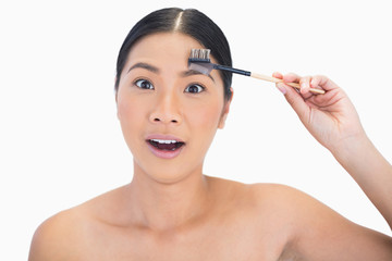 Fototapeta premium Astonished gorgeous natural model using eyebrow brush