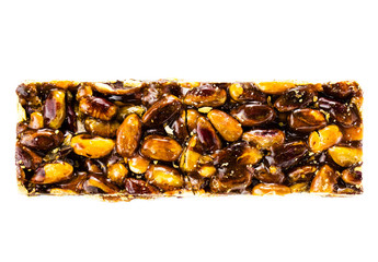 Healthy nut bar isolated on white background. Fitness style life