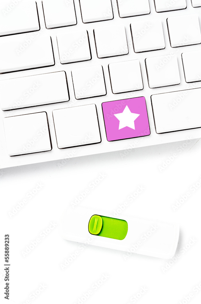 Poster closeup of a computer keyboard with blank keys and star key , wh