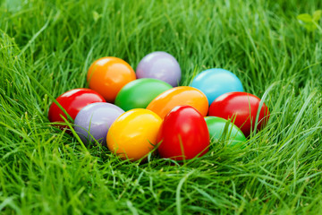Fototapeta na wymiar Colorful easter eggs on the green grass