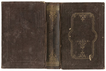 Antique open book cover in decorated brown canvas - circa 1880 - isolated on white