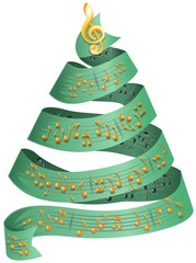 Christmas tree from ribbon with golden music dots