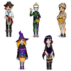 Halloween costume of pirate, skeleton, mummy, witch and vampire