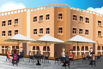 Washable wall murals Drawn Street cafe People enjoying coffee outside of a cafe