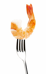 Shrimp Linguine on a fork, isolated on white background