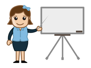 Business Woman Presentation on White Board - Cartoon Business