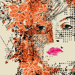 Stickers pour porte Visage de femme femme florale abstraite