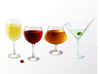 Vine and cocktail glasses. Vector.
