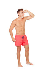 Fototapeta premium Handsome lifeguard with red swimsuit