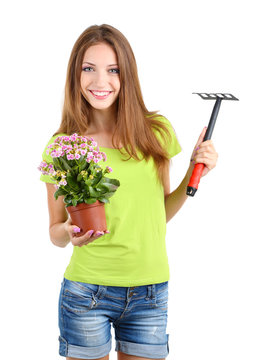 Beautiful girl with flower in pot isolated on white