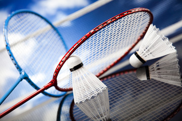 Shuttlecock on badminton racket  - obrazy, fototapety, plakaty