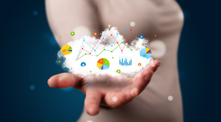 Young woman presenting cloud with charts and graph icons and sym