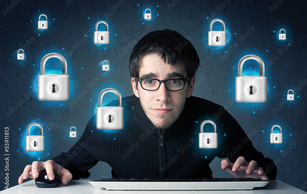 Poster young hacker with virtual lock symbols and icons