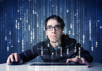 Hacker decoding information from futuristic network technology