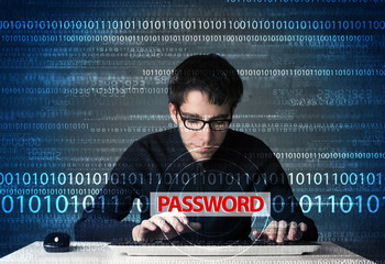 Young geek hacker stealing password