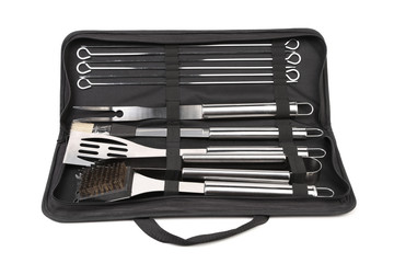 Set of tools for bbq in black bag.