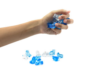 young hand hold many colour ice isolated