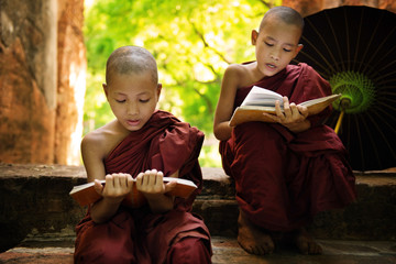  Myanmar little monk reading book outside monastery - obrazy, fototapety, plakaty