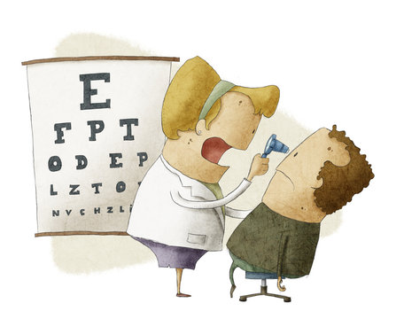 Female ophthalmologist examines patient