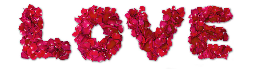 Word of love made from red rose petals isolated on white