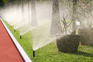 Row of sprinkler heads watering the grass