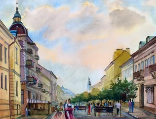 Papier Peint photo Lavable Café de rue dessiné Paysage urbain de peinture à l& 39 aquarelle de Tchernivtsi