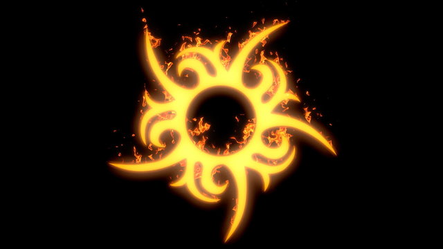 A flat tribal sun tattoo shape bursts into flames.