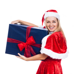 Cheerful Christmas woman with big present