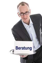 Fachmann isoliert mit einem Schild für Beratung