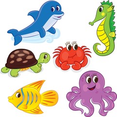 Naklejka premium Set of cartoon sea animals. Vector illustration for coloring