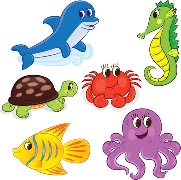 Set of cartoon sea animals. Vector illustration for coloring