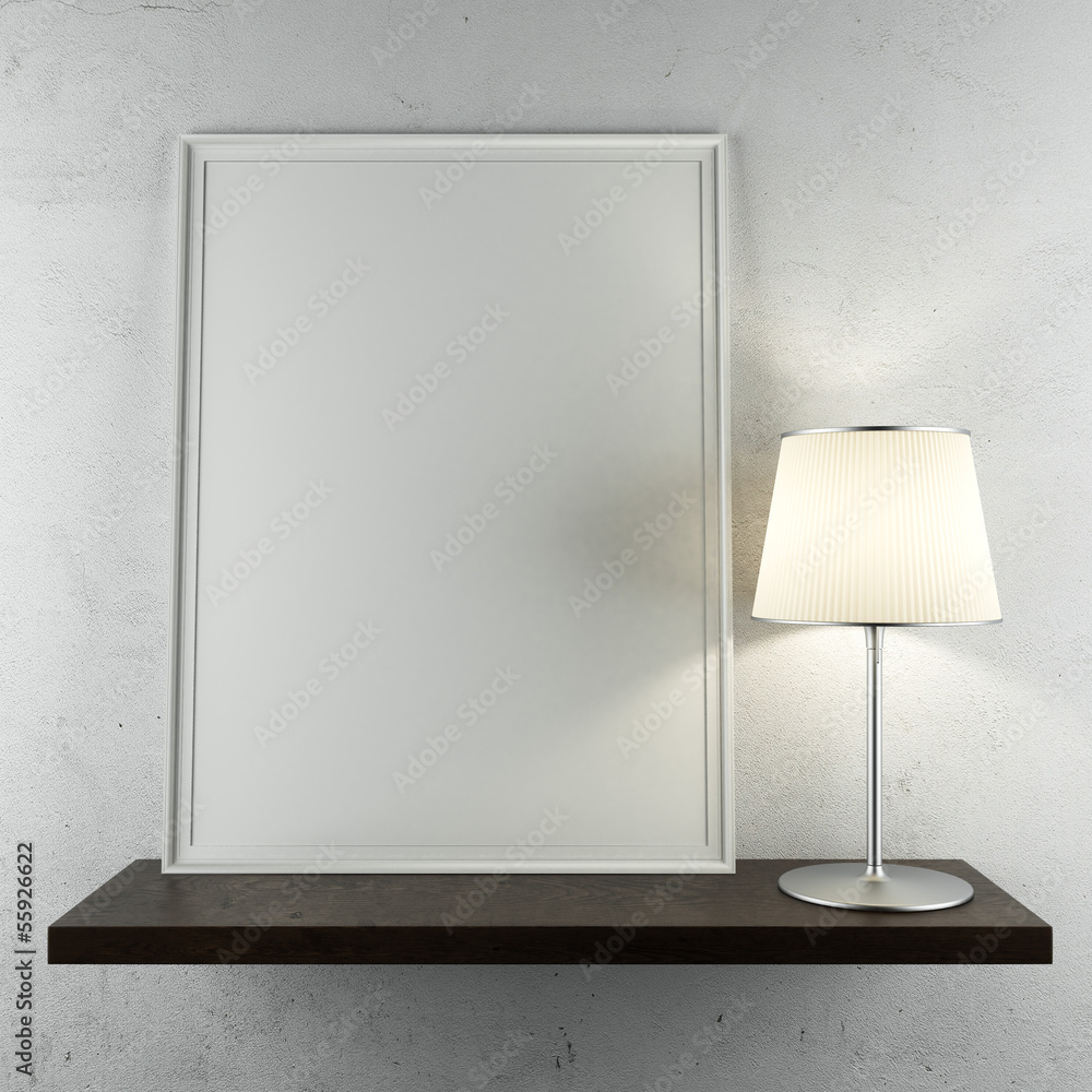 Poster shelf with frame and lamp