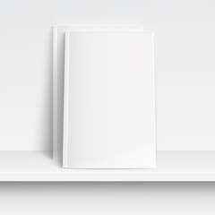 Two blank white magazines on white shelf..