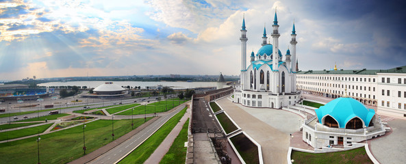 panorama with kul sharif mosque in kazan kremlin - obrazy, fototapety, plakaty