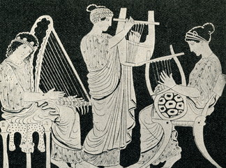 Greek womens, playing harp, cithara and lyre