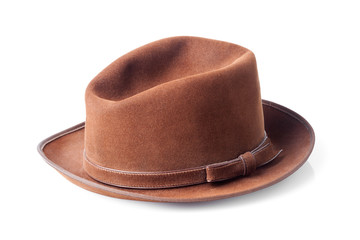 brown male felt hat isolated on white background