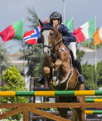 Jinete con caballo saltando obstáculo