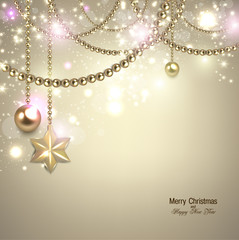 Fototapeta na wymiar Elegant christmas background with golden baubles and stars. Vect