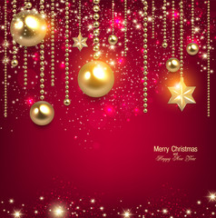 Fototapeta na wymiar Elegant christmas background with golden baubles and stars. Vect