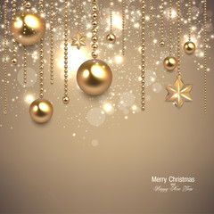 Elegant christmas background with golden baubles and stars. Vect